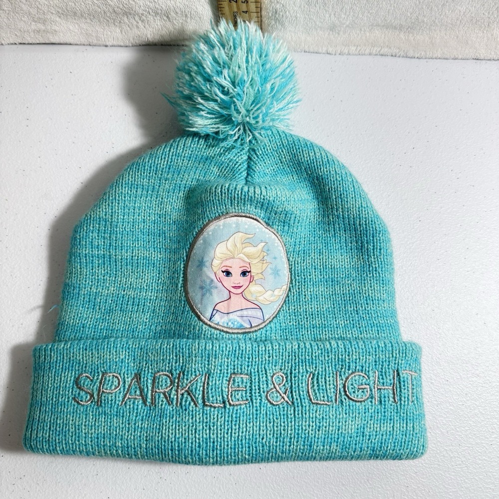 DISNEY FROZEN Beanie Knit Hat‎ W/Pom Pom Elsa Green Mint Metallic